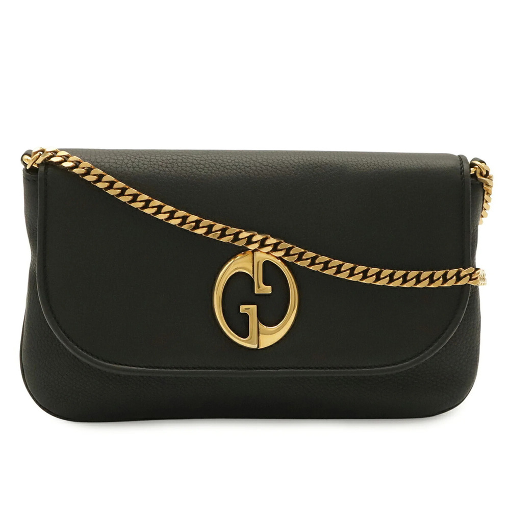 GUCCI 1973 Interlocking G Double Chain Shoulder Bag, Leather, Black, 251820